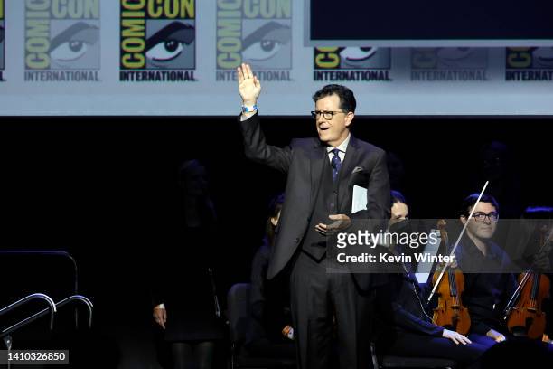 Stephen Colbert speaks onstage at "The Lord of the Rings: The Rings of Power" panel during 2022 Comic-Con International: San Diego at San Diego...