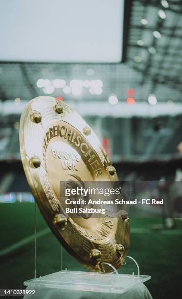 The Austrian Championship trophy is pictured ahead of2 the Admiral Bundesliga match between FC Red Bull Salzburg and FK Austria Wien at on July 22,...