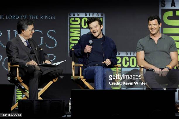 Stephen Colbert, Robert Aramayo and Benjamin Walker speak onstage at "The Lord of the Rings: The Rings of Power" panel during 2022 Comic-Con...