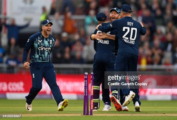 Jos Buttler of England celebrates with Jonathan Bairstow after running out Aiden Markram of South Africa during the 2nd Royal London Series One Day...