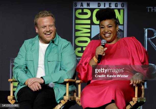 Owain Arthur and Sophia Nomvete speak onstage at "The Lord of the Rings: The Rings of Power" panel during 2022 Comic-Con International: San Diego at...