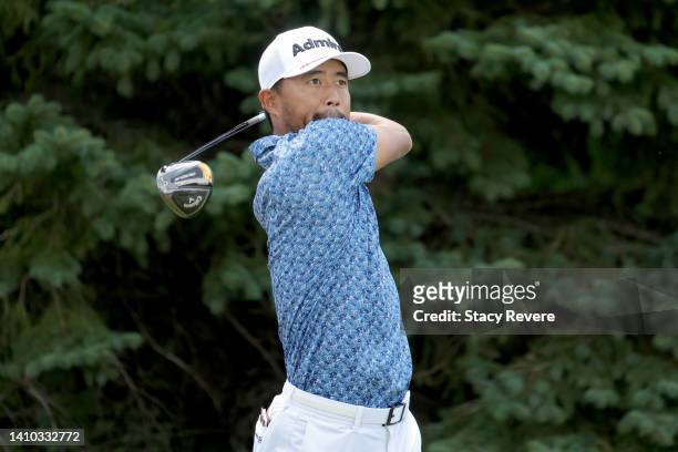 Satoshi Kodaira of Japan plays his shot from the second tee during the second round of the 3M Open at TPC Twin Cities on July 22, 2022 in Blaine,...