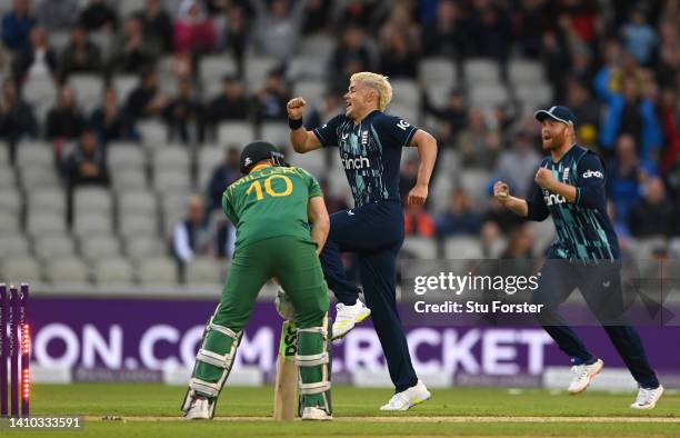 England bowler Sam Curran celebrates after taking the wicket of David Miller during the 2nd ODI between England and South Africa at Emirates Old...