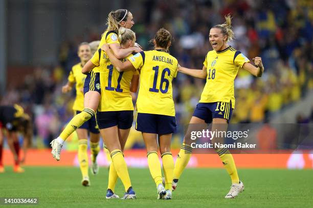 Stina Blackstenius of Sweden celebrates with teammates after scoring a goal which was later disallowed by VAR for an offside during the UEFA Women's...