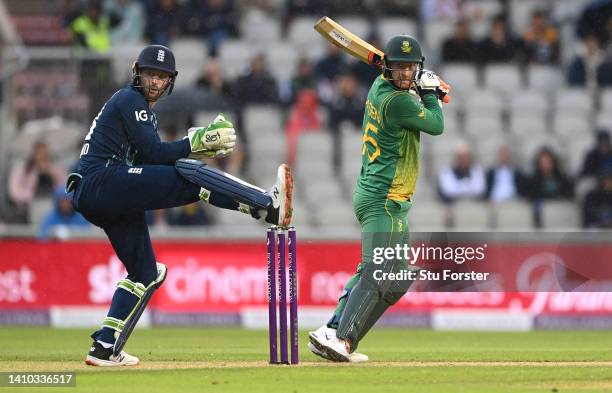 England captain Jos Buttler looks on as South Africa batsman Heinrich Klaasen hits out during the 2nd ODI between England and South Africa at...