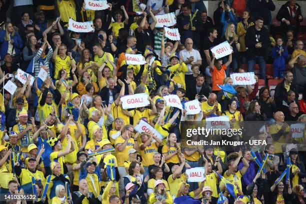 Sweden fans celebrate a goal which was later disallowed by VAR for offside during the UEFA Women's Euro 2022 Quarter Final match between Sweden and...