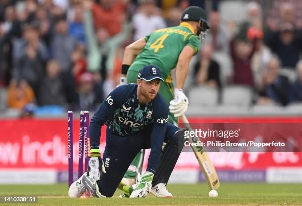 Jos Buttler of England reacts after running out Aiden Markram during the second One Day International against South Africa at Emirates Old Trafford...