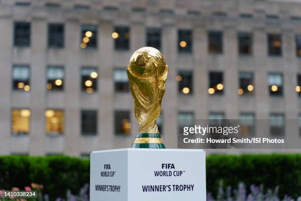 The FIFA World Cup winners trophy on display during a press conference at 30 Rockefeller Center on June 16, 2022 in New York, New York.