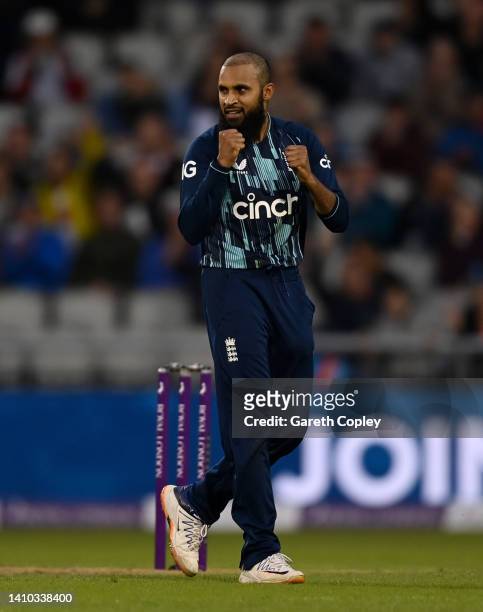 Adil Rashid of England celebrates dismissing Dwaine Pretorius of South Africa during the 2nd Royal London Series One Day International match between...