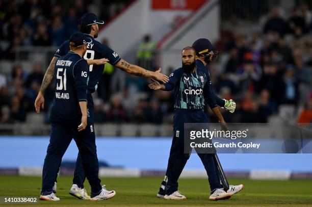 Adil Rashid of England celebrates dismissing Dwaine Pretorius of South Afric during the 2nd Royal London Series One Day International match between...