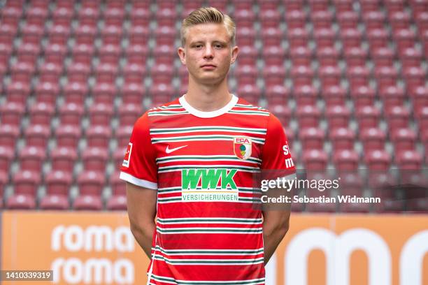 Frederik Winther of FC Augsburg poses during the team presentation at WWK Arena on July 21, 2022 in Augsburg, Germany.