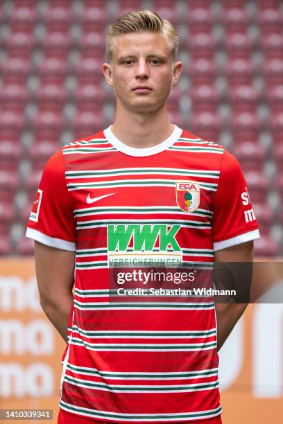 Frederik Winther of FC Augsburg poses during the team presentation at WWK Arena on July 21, 2022 in Augsburg, Germany.