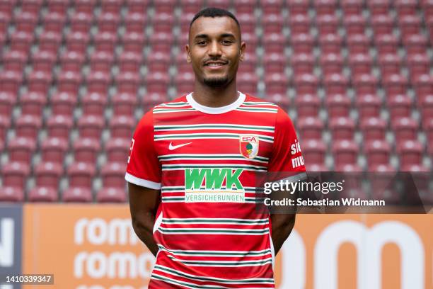 Maurice Malone of FC Augsburg poses during the team presentation at WWK Arena on July 21, 2022 in Augsburg, Germany.
