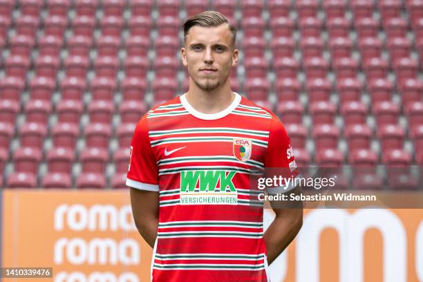 Ermedin Demirovic of FC Augsburg poses during the team presentation at WWK Arena on July 21, 2022 in Augsburg, Germany.