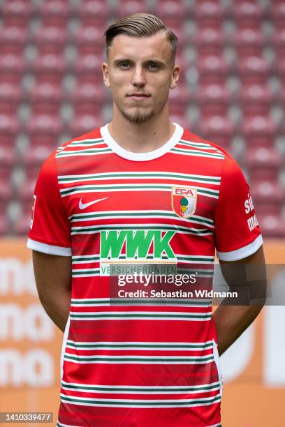 Ermedin Demirovic of FC Augsburg poses during the team presentation at WWK Arena on July 21, 2022 in Augsburg, Germany.
