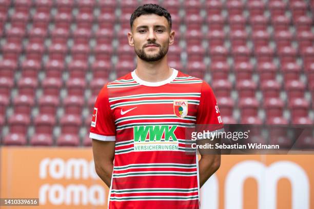 Maximilian Bauer of FC Augsburg poses during the team presentation at WWK Arena on July 21, 2022 in Augsburg, Germany.