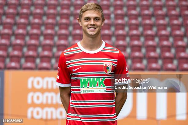 Robert Gumny of FC Augsburg poses during the team presentation at WWK Arena on July 21, 2022 in Augsburg, Germany.