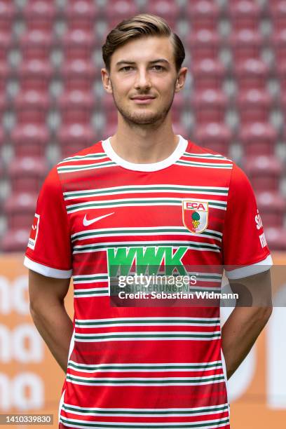 Lukas Petko of FC Augsburg poses during the team presentation at WWK Arena on July 21, 2022 in Augsburg, Germany.