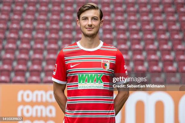 Lukas Petko of FC Augsburg poses during the team presentation at WWK Arena on July 21, 2022 in Augsburg, Germany.