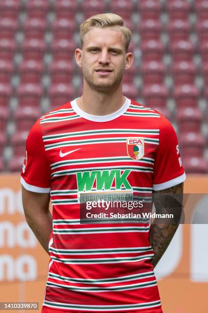 Arne Maier of FC Augsburg poses during the team presentation at WWK Arena on July 21, 2022 in Augsburg, Germany.
