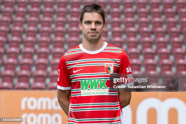 Raphael Framberger of FC Augsburg poses during the team presentation at WWK Arena on July 21, 2022 in Augsburg, Germany.