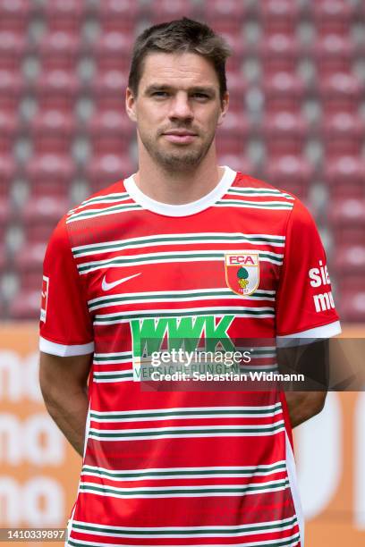 Raphael Framberger of FC Augsburg poses during the team presentation at WWK Arena on July 21, 2022 in Augsburg, Germany.
