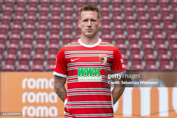 Andre Hahn of FC Augsburg poses during the team presentation at WWK Arena on July 21, 2022 in Augsburg, Germany.