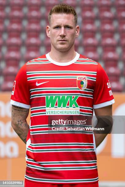 Andre Hahn of FC Augsburg poses during the team presentation at WWK Arena on July 21, 2022 in Augsburg, Germany.
