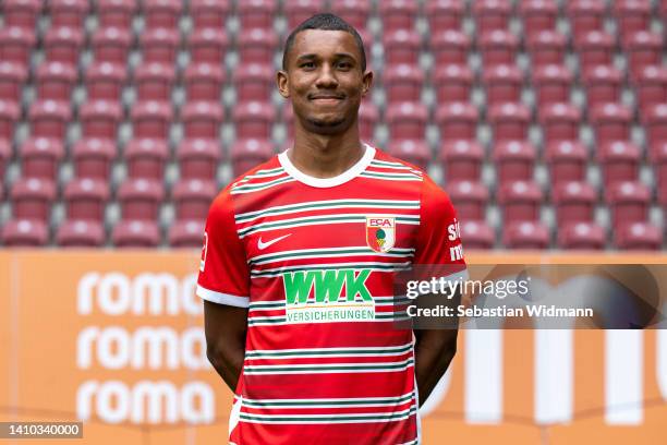 Felix Uduokhai of FC Augsburg poses during the team presentation at WWK Arena on July 21, 2022 in Augsburg, Germany.