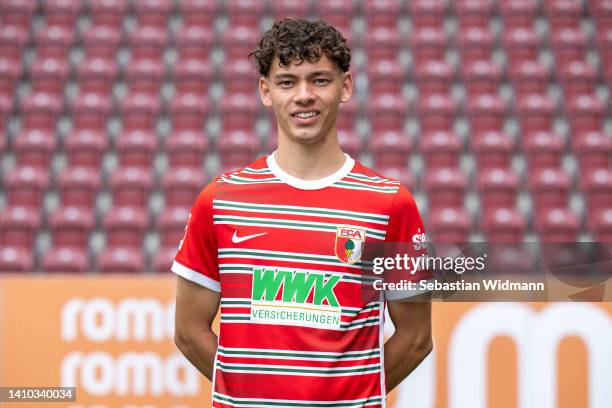 Aaron Zehnter of FC Augsburg poses during the team presentation at WWK Arena on July 21, 2022 in Augsburg, Germany.