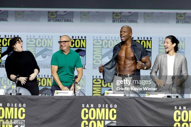 Channing Powell, Michael E. Satrazemis, Terry Crews, and Danny Ramirez speak onstage at AMC's "Tales of the Walking Dead" panel during 2022 Comic-Con...