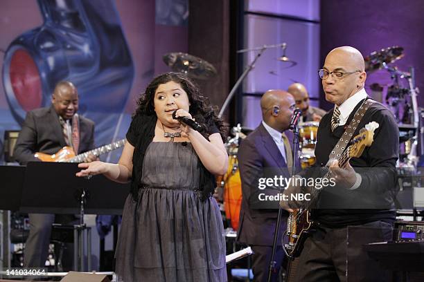 Episode 4156 -- Pictured: Actress Raini Rodriguez sings with Rickey Minor and The Tonight Show Band during a commercial break on November 30, 2011 --...
