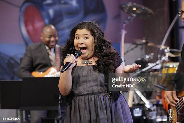 Episode 4156 -- Pictured: Actress Raini Rodriguez sings with The Tonight Show Band during a commercial break on November 30, 2011 -- Photo by: Paul...