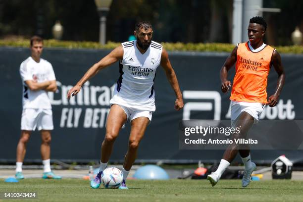 Karim Benzema of Real Madrid trains with teammates at UCLA Campus on July 21, 2022 in Los Angeles, California.