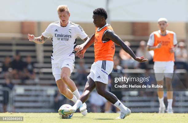 Toni Kroos and Vinicius Junior of Real Madrid train at UCLA Campus on July 22, 2022 in Los Angeles, California.