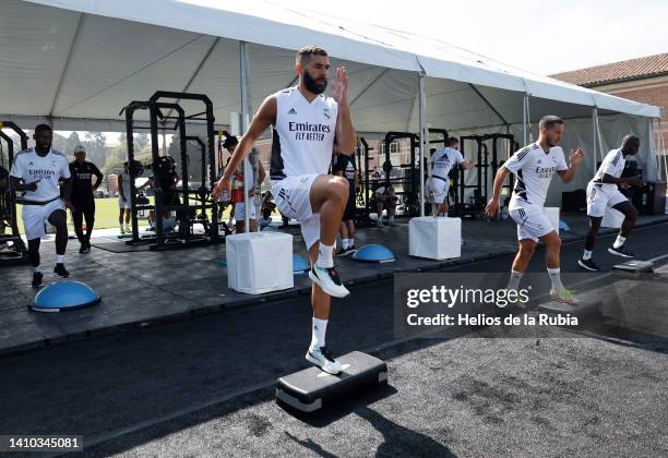 Karim Benzema player of Real Madrid is training with teammates at UCLA Campus on July 22, 2022 in Los Angeles, California.