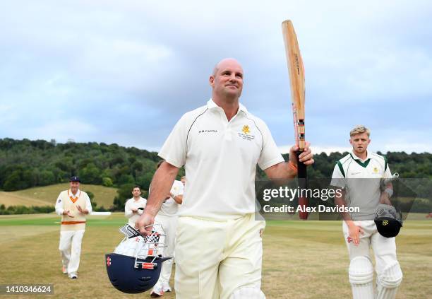 Sir Andrew Strauss of Sir Paul Getty's XI walks off after victory in the President's Day match between Sir Paul Getty's XI and Marylebone Cricket...