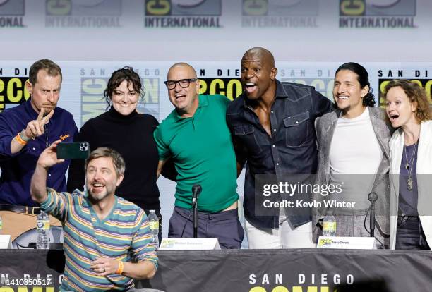 Scott M. Gimple, Chris Hardwick, Channing Powell, Michael E. Satrazemis, Terry Crews, Danny Ramirez, and Samantha Morton pose for a selfie photo...