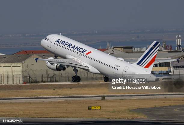 Air France Airbus A320 takes off from Humberto Delgado International Airport on July 22, 2022 in Lisbon, Portugal. The city's airport has returned to...