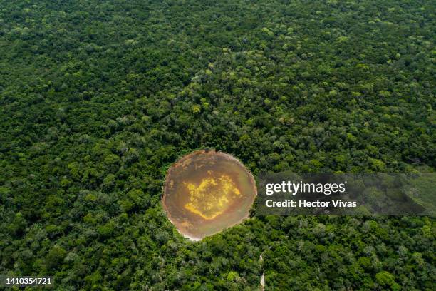 Aerial view of an open-air cenote located lees than two kilometers away from industrial pig and poultry farms on July 15, 2022 in Muna, Mexico. The...