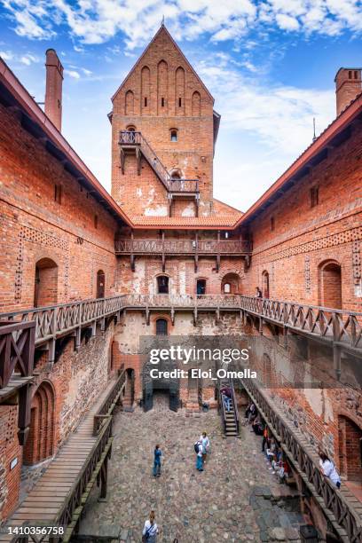 tourists in front of trakai castle in lithuania - vilnius imagens e fotografias de stock