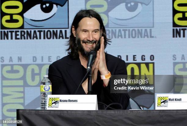 Keanu Reeves speaks onstage at Keanu Reeves "BRZRKR: The Immortal Saga Continues" panel during 2022 Comic-Con International: San Diego at San Diego...