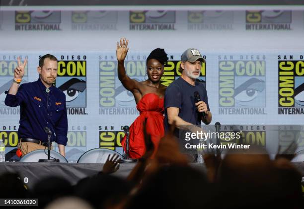 Scott M. Gimple, Danai Gurira, and Andrew Lincoln speak onstage at AMC's "The Walking Dead" panel during 2022 Comic-Con International: San Diego at...