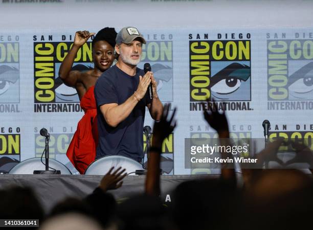Danai Gurira and Andrew Lincoln speak onstage at AMC's "The Walking Dead" panel during 2022 Comic-Con International: San Diego at San Diego...