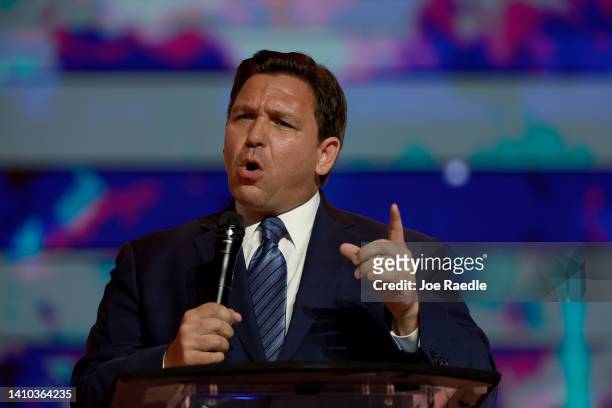 Florida Gov. Ron DeSantis speaks during the Turning Point USA Student Action Summit held at the Tampa Convention Center on July 22, 2022 in Tampa,...