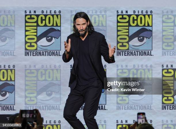 Keanu Reeves speaks onstage at Keanu Reeves "BRZRKR: The Immortal Saga Continues" panel during 2022 Comic-Con International: San Diego at San Diego...