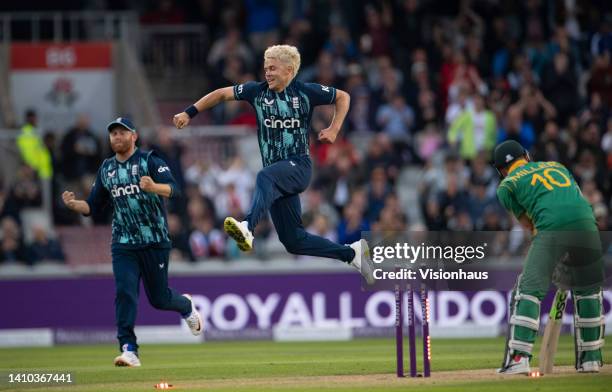 Sam Curran of England celebrates taking the wicket of David Miller of South Africa during the 2nd Royal London Series One Day International at...