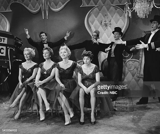The Gabor Sisters" Episode 402 -- Pictured: Eva Gabor, Magda Gabor, Zsa Zsa Gabor, Martha Raye as Marta Gabor and dancers -- Photo by: NBC/NBCU Photo...