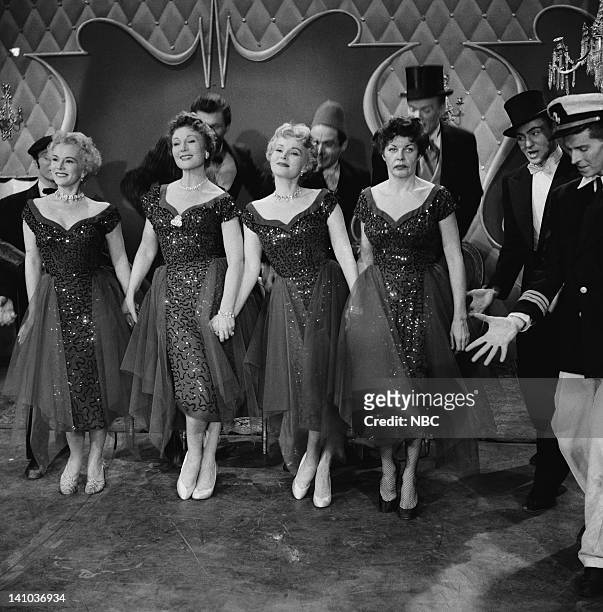 The Gabor Sisters" Episode 402 -- Pictured: Eva Gabor, Magda Gabor, Zsa Zsa Gabor, Martha Raye as Marta Gabor and dancers -- Photo by: NBC/NBCU Photo...