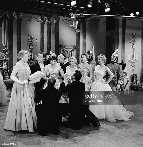 The Gabor Sisters" Episode 402 -- Pictured: Lilia Skala as Mrs. Gabor, unknown, Martha Raye as Marta Gabor, unknown, Eva Gabor, Magda Gabor, Zsa Zsa...